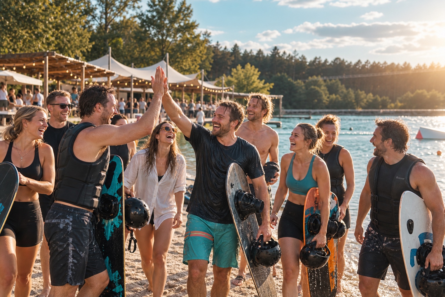 Team feiert nach einer gemeinsamen Wakeboard-Session am See